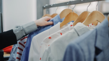 Clothing Store with Clothes on Hangers, Hand Picks One Out to Buy. Person Chooses Top Quality Designer Brand Garment. Apparel created by Industryの写真素材