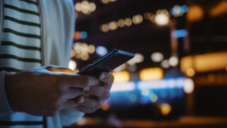 Focus on Man Hands Using Smartphone Walking Through Night City Street Full of Neon Light. Stylish Man Using Mobile Phone, Social Media, Onlineの写真素材
