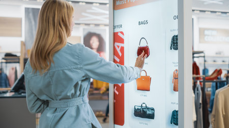 Beautiful Female Customer Using Floor-Standing LCD Touch Display while Shopping in Clothing Store....