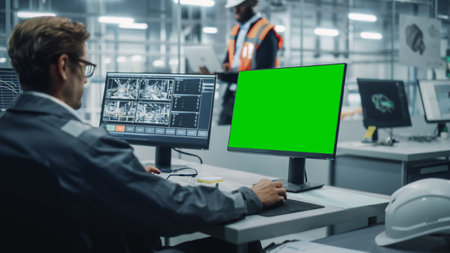 Vehicle Factory Line Operator Working at Desk with Computer with Green Screen Display. In the Background African American Engineer Using Tablet andの写真素材
