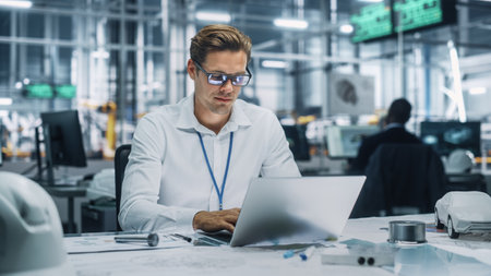 Young Handsome Engineer Working and Managing Projects on Laptop Computer in an Office at Car...