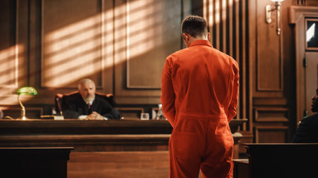 Court of Law and Justice Trial Proceedings: Law Offender in Orange Jumpsuit is Questioned and Giving Testimony to Judge, Jury. Criminal Denying Charges, Pleading, Inmate Denied Parole.の写真素材