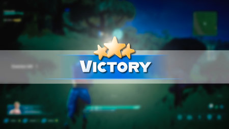 Shot of a Night Video Game Mock-up with Victory Sign and Stars. Gameplay of 3D Third Person Shooter Online Multiplayer Battle Royale. Fun Tactical Arcade with Colorful Hero Characters. Cyber Gameの写真素材