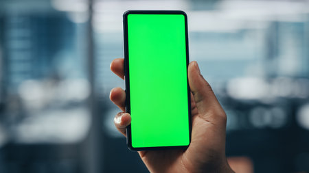 Black Businessman with Green Screen Chroma Key Smartphone in Office. African-American Businessperson using Internet, Social Media, Online Shopping with Mobile Phone Device. Over Shoulderの写真素材