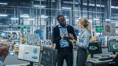 Car Factory Office: Female Engineer Talks with Male Scientist, Use Tablet Computer to Design Production Conveyor for Advanced Power Engines. Automatedの写真素材