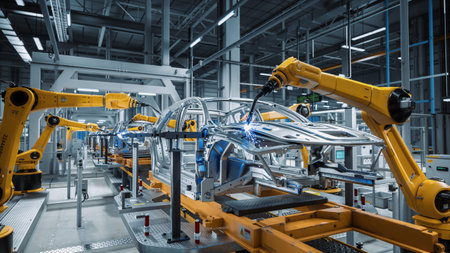Car Factory 3D Concept: Automated Robot Arm Assembly Line Manufacturing High-Tech Green Energy Electric Vehicles. Automatic Construction, Buildingの写真素材