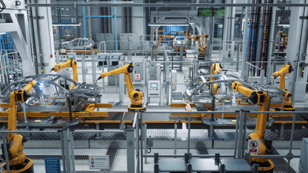 Car Factory 3D Concept: Automated Robot Arm Assembly Line Manufacturing High-Tech Green Energy...