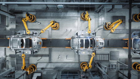 Aerial Car Factory 3D Concept: Automated Robot Arm Assembly Line Manufacturing Advanced High-Tech...