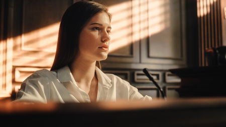 Court of Law and Justice Trial Stand: Portrait of Beautiful Female Victim Giving Heartfelt Testimony, Judge and Jury Listening. Dramatic Speech ofの写真素材