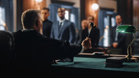 Cinematic Court of Law and Justice Trial: Honorable Male Judge Ruling Out a Decision in a Civil Family Case, Striking Gavel to Close Hearingの写真素材