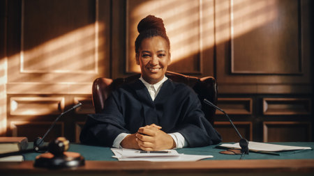 Cinematic Court of Law Trial: Portrait of Impartial Smiling Female Judge Looking at Camera. Wise, Incorruptible, Fair Justice Doing Her Jobの写真素材
