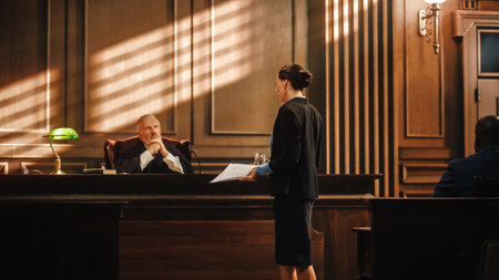 Court of Justice and Law Trial: Successful Female Prosecutor Presenting the Case, Making Passionate Speech to Judge, Jury. Attorney Lawyer Protectingの写真素材