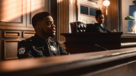 Court of Law and Justice Trial Stand: Portrait of Black Policeman Witness Giving Testimony to Judge, Jury. African American Officer Providing Evidenceの写真素材