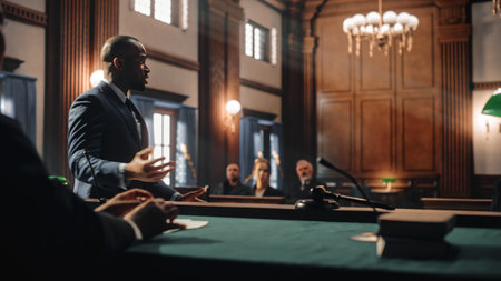 Court of Justice and Law Trial: Male Public Defender Presenting Case, Making Passionate Speech to Judge, Jury. African American Attorney Lawyerの写真素材