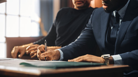 Court of Justice and Law Trial: Male Barrister Writes Down Arguments for Defence Strategy. African American Attorney Lawyer Fight for Freedom of Hisの写真素材