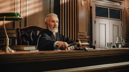 Court of Law Trial: Portrait of Impartial Judge Reading Decision, striking Gavel. Justice Pronouncing Sentence. Judgment after Deliberation. Guiltyの写真素材