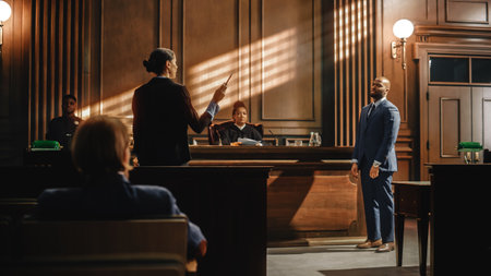Court of Law Trial in Session: Charismatic Male Public Defender Making Touching, Passionate Speech to Judge and Jury. Female Prosecutor Objecting toの写真素材