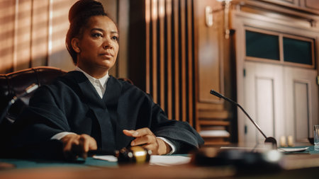 Court of Law Trial in Session: Portrait of Honorable Female Judge Reading Decision. Presiding Justice Pronouncing Sentence. Not Guilty Verdictの写真素材