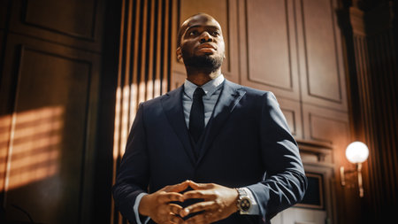 Court of Law Trial in Session: Portrait of Charismatic Male Public Defender Making Touching, Passionate Speech to Judge and Jury. Attorney Lawyerの写真素材