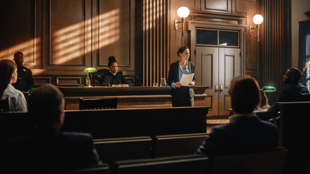 Court of Justice and Law Trial: Successful Female Public Defender Presenting the Case, Making Passionate Speech to Judge, Jury. Attorney Lawyerの写真素材