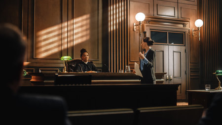 Court of Justice and Law Trial: Successful Female Public Defender Presenting the Case, Making Passionate Speech to Judge, Jury. Attorney Lawyerの写真素材