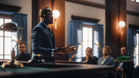 Court of Justice and Law Trial: Male Public Defender Presenting Case, Making Passionate Speech to...
