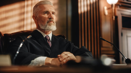 Court of Law and Justice Trial: Portrait of Impartial Male Judge Listening To the Pleaded Case. Unbiased Decision after Hearing Argumentsの写真素材