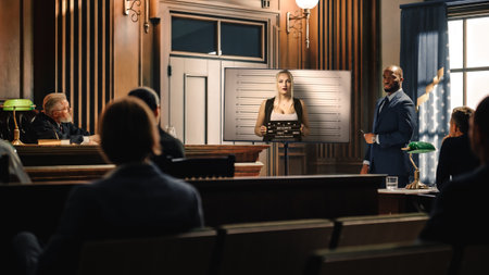 Court of Law Trial in Session: Portrait of Charismatic Male Public Defender Showing Guity Arrested Girl on TV Display to Judge and Jury. Attorneyの写真素材