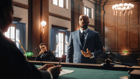 Court of Justice and Law Trial: Male Public Defender Presenting Case, Making Passionate Speech to Judge, Jury. African American Attorney Lawyerの写真素材