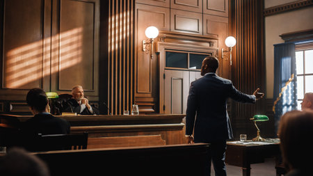 Court of Justice and Law Trial: Male Public Defender Presenting Case, Making Passionate Speech to Judge, Jury. African American Attorney Lawyerの写真素材