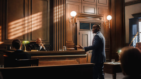 Court of Law, Trial in Session: Portrait of Charismatic Male Public Defender Making Touching, Passionate Speech to Judge and Jury. Attorney Lawyerの写真素材