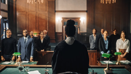Court of Law Trial: Female Judge and and Jury Stand, Start of a Civil Case Hearing. Proceedings in Motion to Rule Out a Sentence. Defendant is Notの写真素材