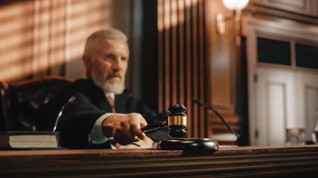 Court of Law and Justice Trial Session: Imparcial Honorable Judge Pronouncing Sentence, striking Gavel. Focus on Mallet, Hammer. Cinematic Shot ofの写真素材