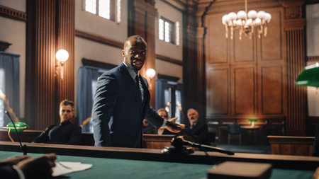 Court of Justice and Law Trial: Male Public Defender Presenting Case, Making Passionate Speech to Judge, Jury. African American Attorney Lawyerの写真素材