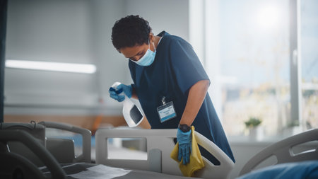 Hospital Ward: Professional Black Nurse Wearing Face Mask, Wiping the Bed, Cleaning Room After Covid-19 Patients Recover. Disinfection, Sterilizingの写真素材