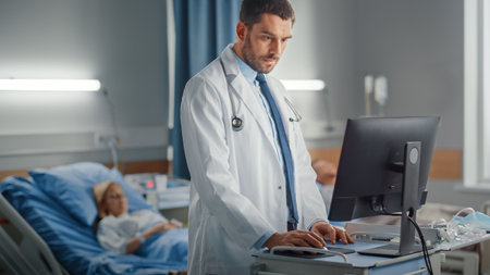 Hospital Ward: Professional Smiling Caucasian Doctor Wearing Lab Coat and Stethoscope Uses Medical Equipment Computer. Patients in Beds Recoveringの写真素材