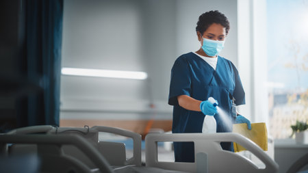 Hospital Ward: Professional Black Nurse Wearing Face Mask, Wiping the Bed, Cleaning Room After Covid-19 Patients Recover. Disinfection, Sterilizingの写真素材