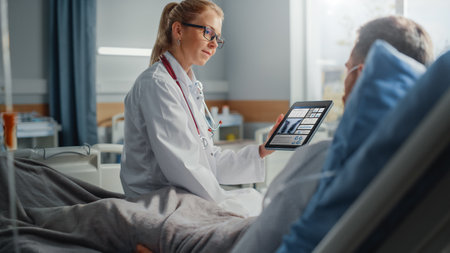 Hospital Ward: Friendly Female Doctor Talks to Sick Male Patient Resting in Bed, Uses Tablet Computer, Shows and Explains Lung Scan Results. Physicianの写真素材