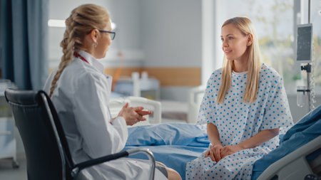 Hospital Ward: Friendly Female Doctor Asks Health Care Questions of Young Woman Patient Sitting on a Bed. Physician Does Checkup, Talks with Happyの写真素材