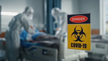 Hospital Coronavirus Emergency Department Ward: Doctors wearing Coveralls, Face Masks Treat, Cure and Save Lives of Patients. Focus on Biohazard Signの写真素材