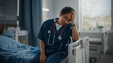 Hospital Ward: Portrait of Sad, Tired Black Nurse Sitting on a Bed, Holding Her Head in Sorrow for all the Patients that Couldnt Be Saved in Pandemicの写真素材