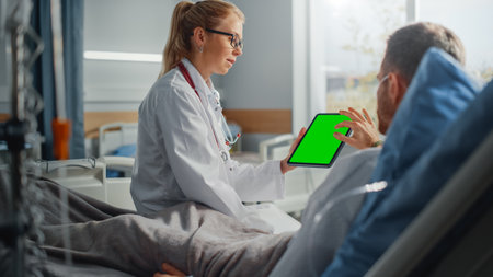 Hospital Ward: Friendly Female Doctor Talks to Sick Male Patient Resting in Bed, Shows Green Chroma Key Screen Tablet Computer, Explains Resultsの写真素材