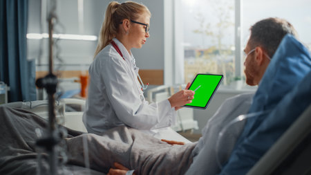 Hospital Ward: Friendly Female Doctor Talks to Sick Male Patient Resting in Bed, Shows Green Chroma Key Screen Tablet Computer, Explains Resultsの写真素材