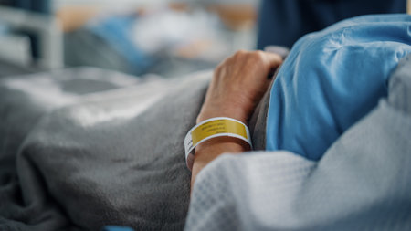 Hospital Ward Bed: Recovering Old Patient Lying in the Hospital Bed Sleeping, Her Fragile Hands Resting on a Blanket, on it Information Wristbandの写真素材