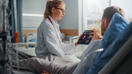 Hospital Ward: Friendly Female Doctor Talks to Sick Male Patient Resting in Bed, Uses Tablet Computer, Shows and Explains Heart Scan Resultsの写真素材