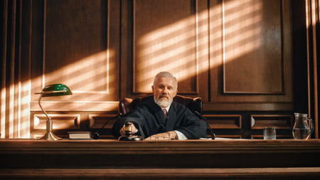 Court of Law and Justice Trial Session: Imparcial Honorable Judge Pronouncing Sentence, Striking Gavel. Shot of Dramatic Not Guilty Verdict.の写真素材