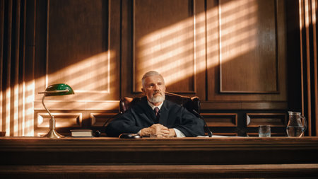 Cinematic Court of Law and Justice Trial: Portrait of Impartial Male Judge Listening To the Pleaded Case. Unbiased Decision after Hearing Argumentsの写真素材