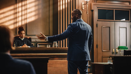Court of Law Trial in Session: Portrait of Charismatic Male Public Defender Making Touching, Passionate Speech to Judge and Jury. Attorney Lawyerの写真素材