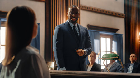 Court of Justice and Law Trial: Male Public Defender Presenting Case, Asking Female Witness in Front of Judge and Jury. African American Attorneyの写真素材