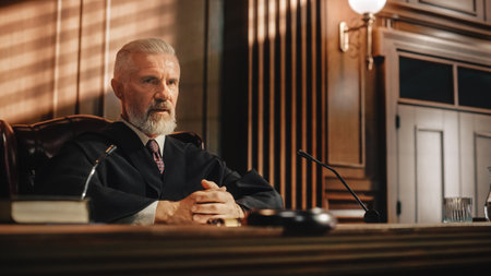 Court of Law and Justice Trial: Portrait of Impartial Male Judge Listening To the Pleaded Case. Unbiased Decision after Hearing Argumentsの写真素材